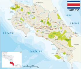 costa rica road and national park map with flag