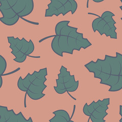 Seamless patterns of green leaves on a colored background. Vector illustration.
