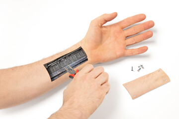 Robot hand inside human hand - Prosthesis concept, repairing