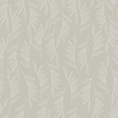 Seamless pattern with willow tree branches and leaves on light blue background for surface design and other design projects. Monochrome realistic line art