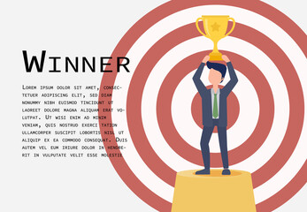 This man stood on the stage holding a trophy. The background is a dart target. It is a symbol of a successful goal.