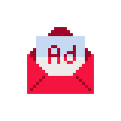 Open envelope, Ad. Web site icon. Video game sprite. Design for sticker, logo, web, mobile app. Pixel art 8-bit style. Isolated vector illustration. 