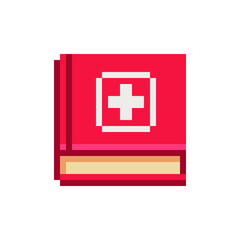 Obraz premium Red book with a medical cross pixel art icon. Isolated vector illustration. 8-bit sprite. Reference book of health. Design stickers, logo, mobile app.