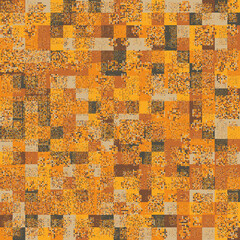 Seamless pattern. Yellow, orange, beige brown, gray. Checkered pattern with multi-colored spots on top.