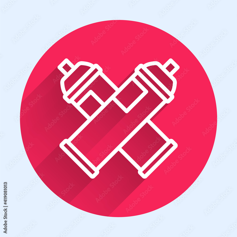 Poster white line paint spray can icon isolated with long shadow. red circle button. vector.