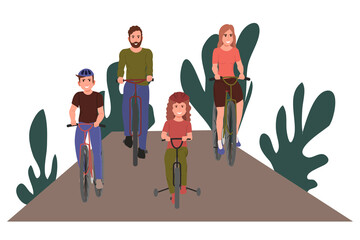 Active family rides bicycles in the park. Happy parents and children are cyclists.