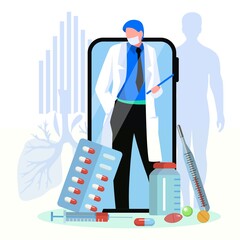 Online medical consultation via smartphone. Telemedicine service concept. Smartphone screen with male doctor working online via mobile application flat vector illustration