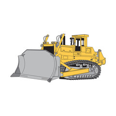 Vector illustration with cartoon flat industrial excavator. Vector construction equipment. Mining flat transportation. Heavy machinery object. Isolated excavator on white background. Children toy