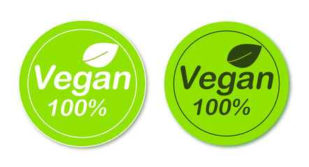Vegan emblem. Set of two vector stamps. Vegan 100% icons for menu, veggie market, healthy vegetarian food products.