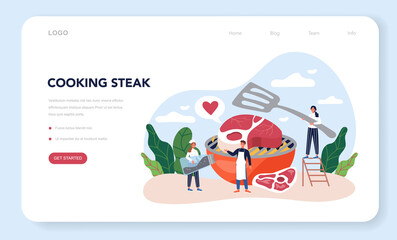 Steak web banner or landing page. People cooking tasty grilled meat