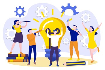 Business people working together in company. Creative team brainstorming, searching for new ideas and solutions. Teamwork, project management and strategy concept flat vector illustration