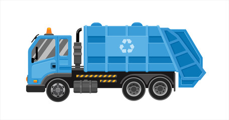 Garbage truck with frontal loader. Collection and transportation of solid household and commercial waste. Blue garbage truck. Vector flat illustration © Oleg