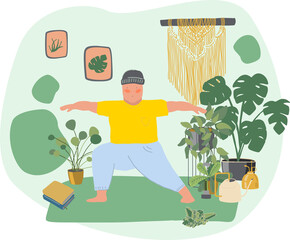 Yoga at any time in lockdown. A fat young men doing Yoga in cozy home. Stay at home. Life style. Body positive. Plant home. Yellow, green illustration. Love your body concept.