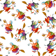 Two elderly women and a cat, a kettle and a basket of eggs flying on broom. Scandinavian Easter tradition. Coloring page. Seamless background pattern.