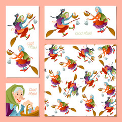Set of 4 universal cards with elderly women flying on broom. Scandinavian Easter tradition. Glad Pask! (Happy Easter!)