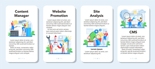 Content management mobile application banner set. Idea of digital strategy