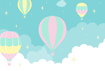 vectorachtergrond met heteluchtballonnen in de lucht voor banners, kaarten, flyers, sociale media-achtergronden, enz.