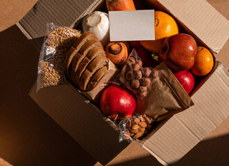 Healthy food delivery flat lay harsh shadows card mockup. Take away organic product package New...