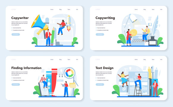 Copywriter web banner or landing page set. Writing and designing texts