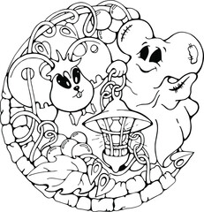 cartoon mouse and a ghost, black and white helloween funny hand drawn doodle vector illustration for coloring book or printing 