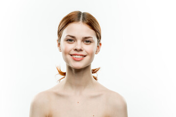 pretty woman naked shoulders facial cosmetics collected hair