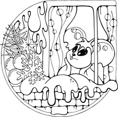 black and white cartoon mouse in the window,  funny doodle vector illustration for coloring book or printing 