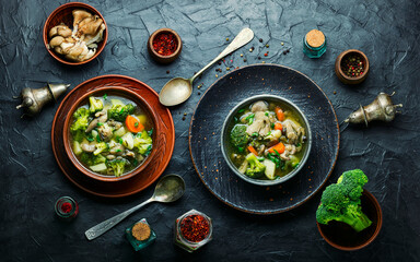 Soup with broccoli and mushrooms