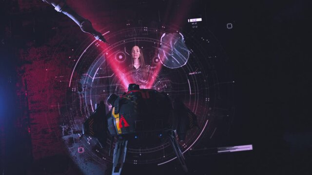 Cyberpunk futuristic laboratory. Young woman lying on Cyber medical table surgical lamp with neon and x-ray drone 