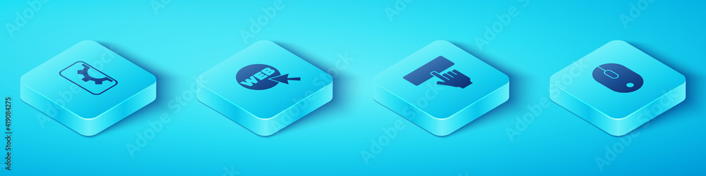 Poster set isometric web development, and graphic design, computer mouse and keyboard icon. vector.