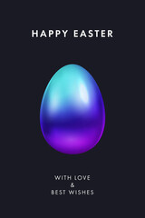 Happy Easter greeting card, holiday cover, poster or flyer design in 3d realistic style with gradient colored egg on black background. Modern minimal design for social media, sale, advertisement, web