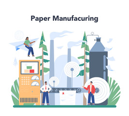 Paper production and wood processing concept. Paper factory process