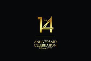 14 year anniversary celebration Gold Line. logotype isolated on Black background for celebration, invitation card, and greeting card-Vector