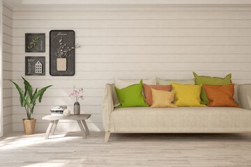 White living room with colorful sofa. Scandinavian interior design. 3D illustration © AntonSh