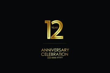 12 year anniversary celebration Gold Line. logotype isolated on Black background for celebration, invitation card, and greeting card-Vector