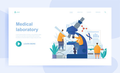 Male and female characters are working in medical laboratory together. Scientists study microorganism with microscope. Website, web page, landing page template. Flat cartoon vector illustration