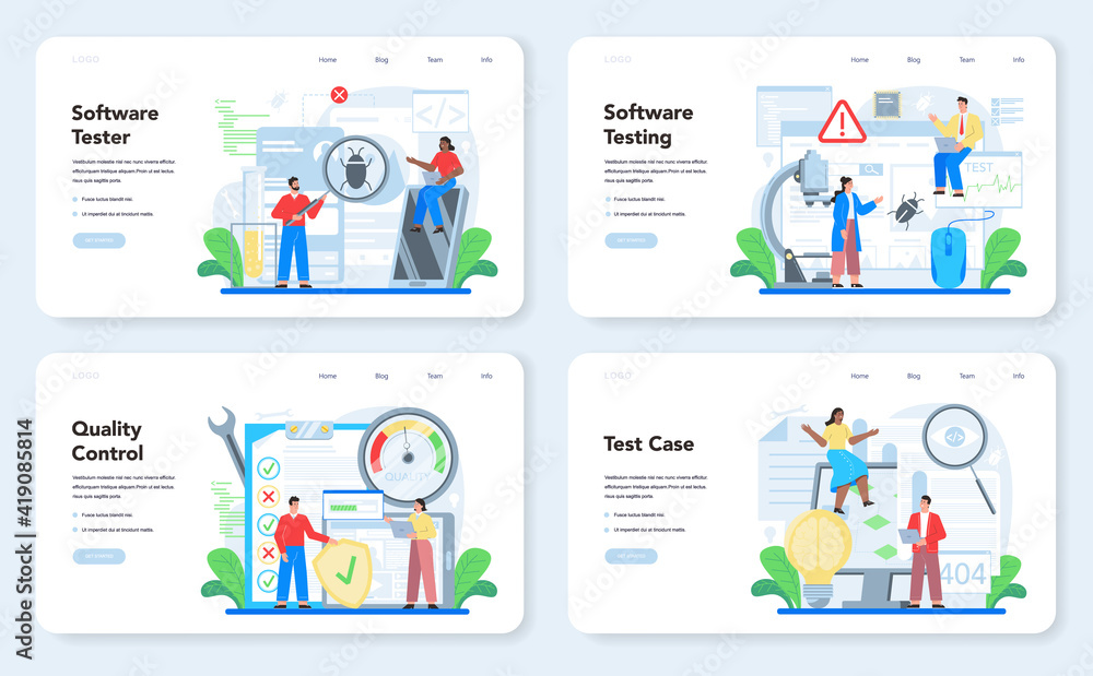 Poster software testing web banner or landing page set. application or website
