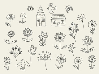 Set of hand drawn flower, house, bird, and butterfly