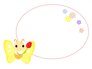 チョウのアイコン　楕円フレーム＋花の装飾付