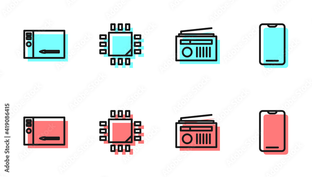 Poster set line radio with antenna, graphic tablet, processor microcircuits cpu and smartphone, mobile phon