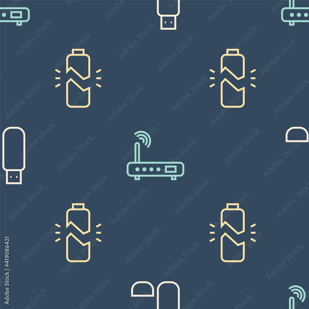 Poster set line usb flash drive, broken battery and router and wi-fi signal on seamless pattern. vector.