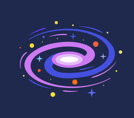 Beautiful glowing Andromeda Galaxy with planets around. Vector flat illustration