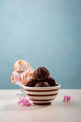 Ice cream in bowls, copy space