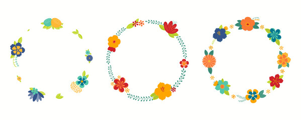 Tropical flowers, leaves, greenery round floral frames set, isolated on white. Hand drawn vector illustration. Exotic decorative wreathes. Summer clipart elements collection. Flat style design concept