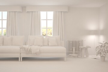 Mock up of minimalist living room in white color with sofa. Scandinavian interior design. 3D illustration