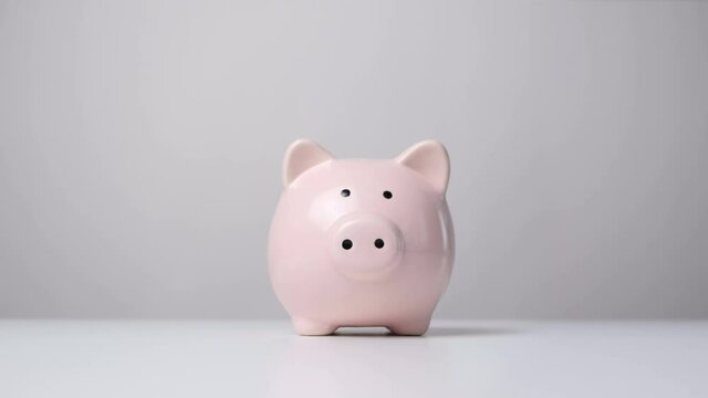 Hand Putting Coin Into Piggy Bank Front View