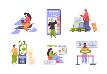 Online booking. Traveling concept scenes with characters fly ticket mobile check in hotel purchase people travellers garish vector flat illustrations. Flight airplane, business online tourist booking
