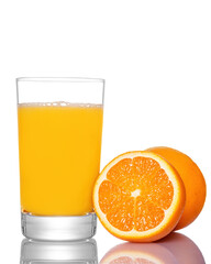 Fresh orange juice with fruit in glass on white background