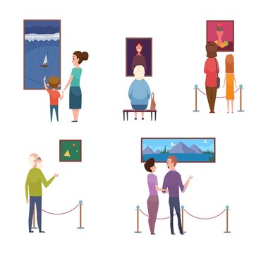 People and arts. Men women kids in museum, artistic exhibition vector illustration. Woman and man on art exhibition, gallery culture