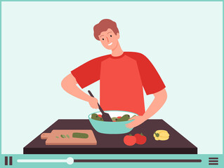 Vegan man. Vegetarian food blogger, guy cook vegetable salad. Online culinary school tutorials, foods preparation vlog vector illustration. Vegetarian blogger, kitchen prepare at home vlog