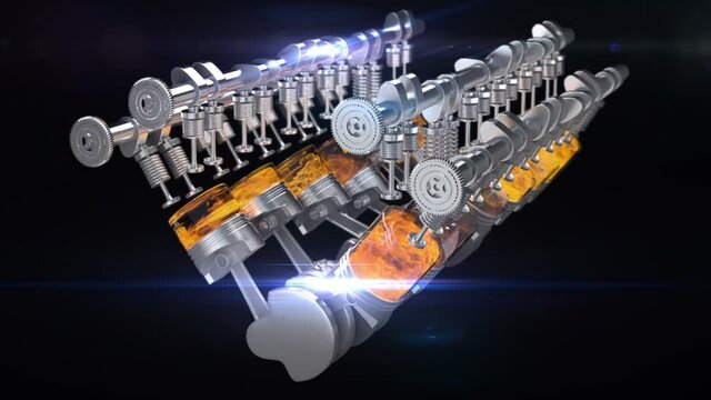 3D animation of working engine V12 with explosions and flames. Movement of the mandrel, camshaft, valves and other mechanical parts on dark background using lens flare effect.